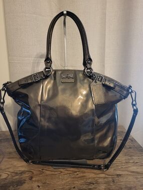 COACH Madison Lindsey Patent Leather Large Satchel Bag In Pewter